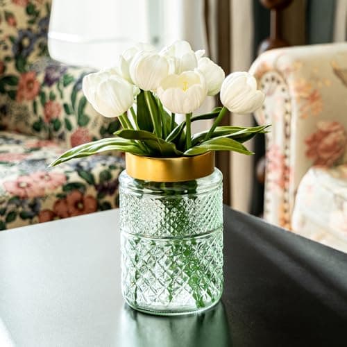 2-Pack Green Fluted Glass Vase with Golden Top, Stylish Decor for Home Centerpieces