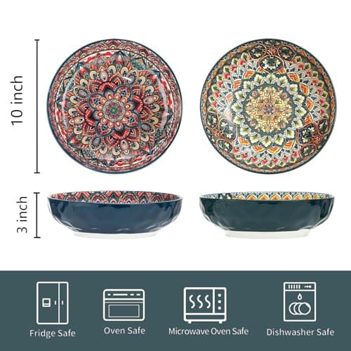 Colorful Bohemian Ceramic Pasta Bowl Set of 2, 10.2inch Serving Bowls
