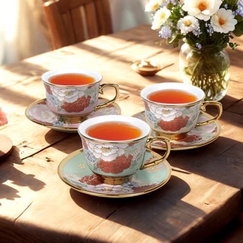 Set of 8 Vintage Floral Tea Cups with Saucers and Gold Spoons for Afternoon Tea