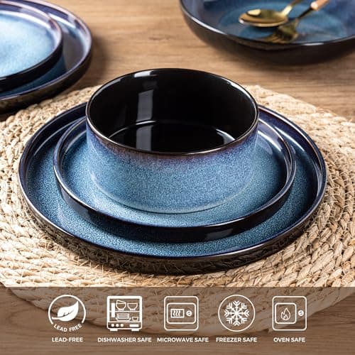 LERATIO Blue Ceramic Dinnerware Set for 4, Round Reactive Glaze Plates & Bowls, Chip & Crack Resistant, Dishwasher & Mic