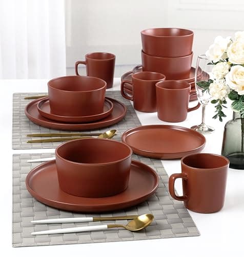 Lorren Home Trends Red Stoneware Dinnerware Set, 16-Piece, Microwave & Dishwasher Safe