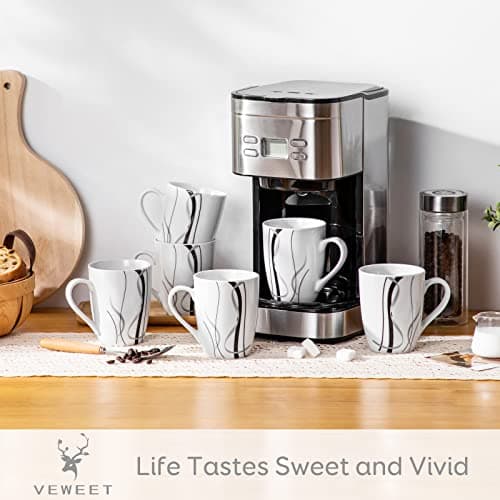 6-Piece Ceramic Coffee Mugs Set, 11 OZ, White Porcelain Cups, Microwave Dishwasher Safe for Kitchen - Fiona Series