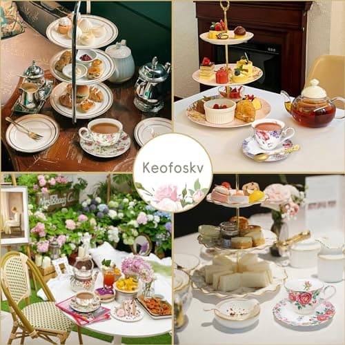 Bourbon Rose Floral Bone China Tea Cup Set with Gold Trim (7.5 OZ)