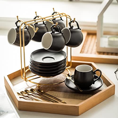 LYEOBOH Black Ceramic Espresso Cup Set with Spoons & Stand, 3 oz Demitasse Mugs