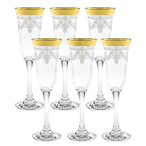 Lorren Home Trends Flutes Set of 6 Stencil Pattern Gold Band Clear