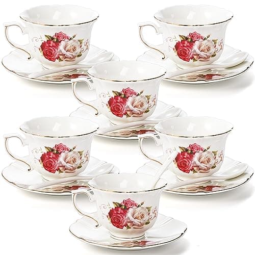 Foraineam 6-Piece Porcelain Tea Set, Ivory Rose Cups & Saucers, Gold Trimmed Latte & Espresso Mugs