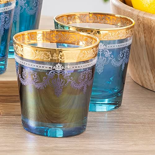 Lorren Home Trends Double Old Fashion Set of 6 Blue with Gold Band