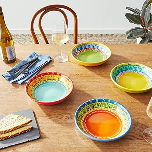 4-Piece Valencia Soup and Pasta Bowls Set, 38 oz, Multicolor Ceramic, Hand-Painted Inspired Patterns, Microwave Safe