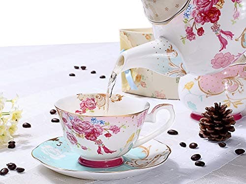 Vintage Red Flower Bone China Teacup and Saucer Set 7-OZ