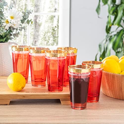 Lorren Home Trends Red Highball Glass Set with Gold Band