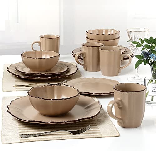 Lorren Home Trends 16-Piece Scalloped Edge Cocoa Dinnerware Set