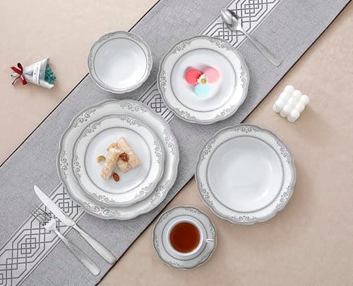 Lorren Home Trends 24-Piece Victoria Porcelain Dinnerware Set, White