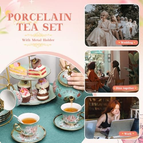 21pcs Green Porcelain Teapot Set Cupcake Stand Ceramic Tea Cups Saucers for Women Tea Parties Gifts