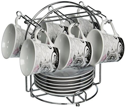 Lorren Home Trends 13-Piece Porcelain Espresso Coffee Cups, Black Rose Design