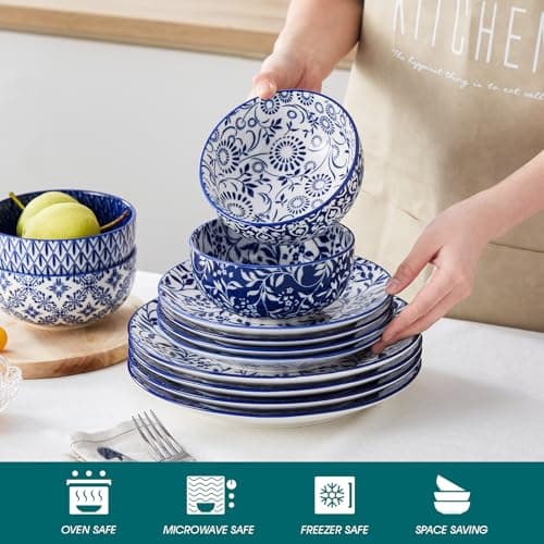 Vancasso SELENE 4-Piece Plates and Bowls Set, Microwave & Dishwasher Safe Porcelain Blue