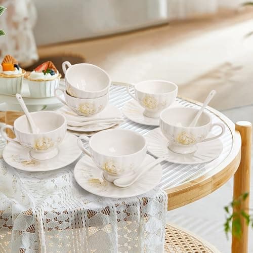 Floral Tea Cups and Saucers Set of 6, White Porcelain, Microwave Safe