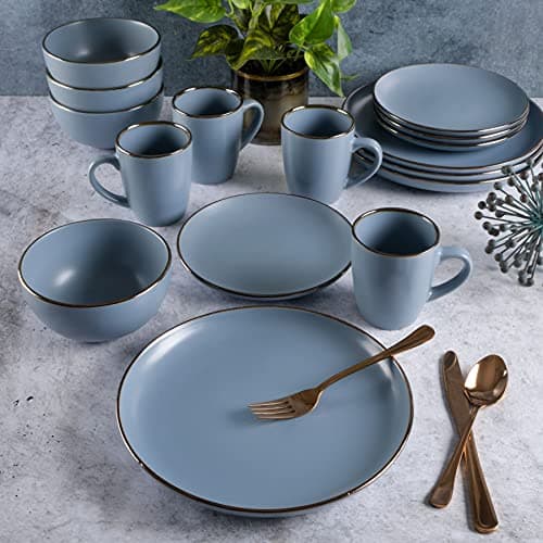 Gibson Home Rockaway Round Stoneware Dinnerware Set, Matte Blue (16pcs, Serves 4)