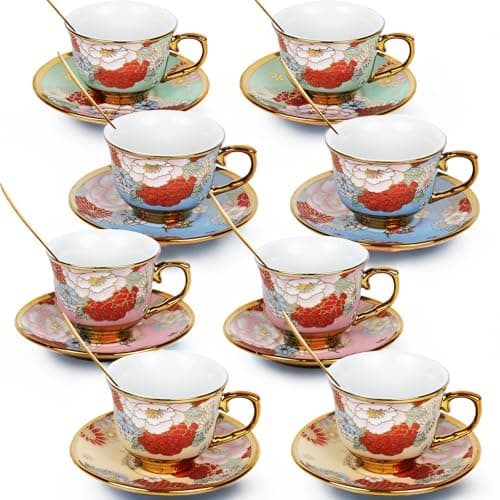 Set of 8 Vintage Floral Tea Cups with Saucers and Gold Spoons for Afternoon Tea