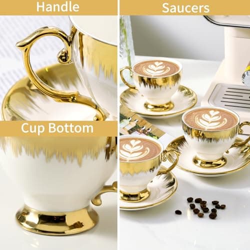 LETAOTAO Gold Trimmed Ceramic Coffee Cup Set 6pcs 7 oz