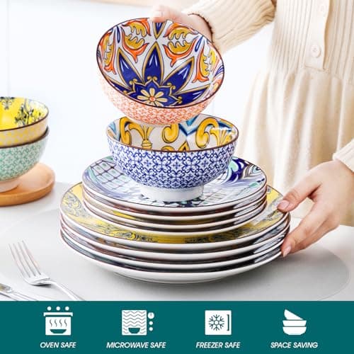 Vancasso Jasmin Hand-Painted Arabic Series Porcelain Dinnerware Set - 12 Piece Bowls and Plates