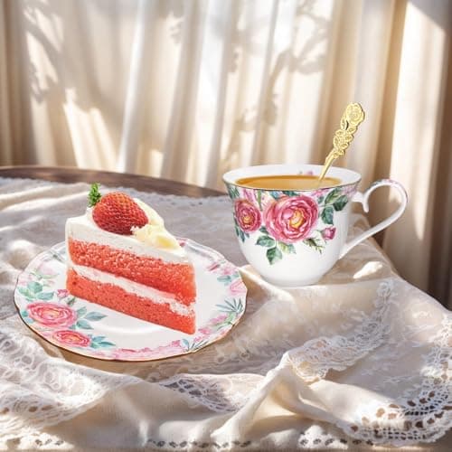 Bourbon Rose Floral Bone China Tea Cup Set with Gold Trim (7.5 OZ)