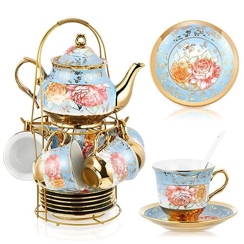 20 Piece Porcelain Tea Set with Metal Holder for Women with Flower Painting, Large Version — Simple Style