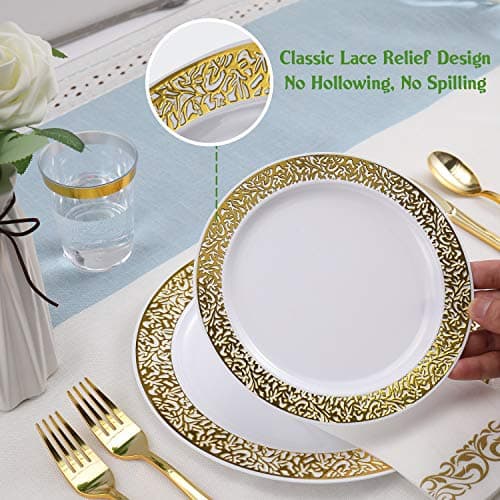 FOCUSLINE 175 Gold Dinnerware Set for 25 Guests: White Plastic Plates with Gold Lace Trim, Includes Dinner Plates, Dessert Plates, Silverware, Cups, and Napkins