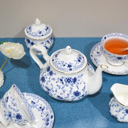 Vintage Bone China Tea Set, 21-Piece Porcelain Set for Adults (Blue)