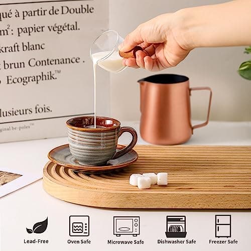 Ceramic Espresso Cups & Saucers, 5 Oz, Set of 4, Small Coffee Mugs Brown