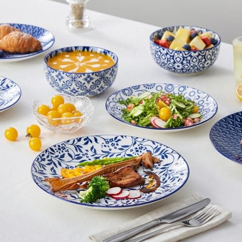 Vancasso SELENE 4-Piece Plates and Bowls Set, Microwave & Dishwasher Safe Porcelain Blue