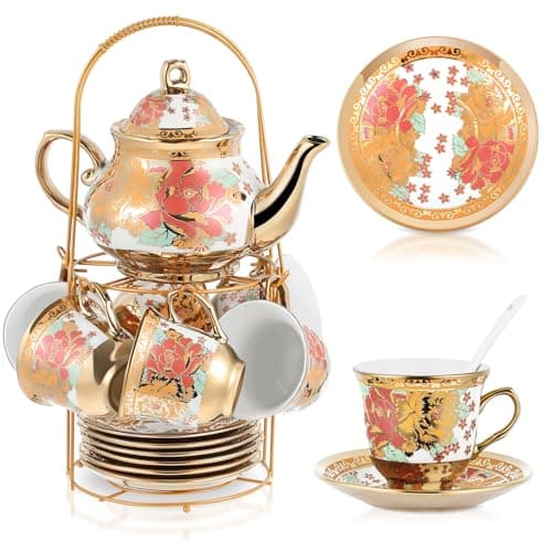 20 Piece Porcelain Tea Set with Metal Holder for Women with Flower Painting, Large Version — Stylish Style