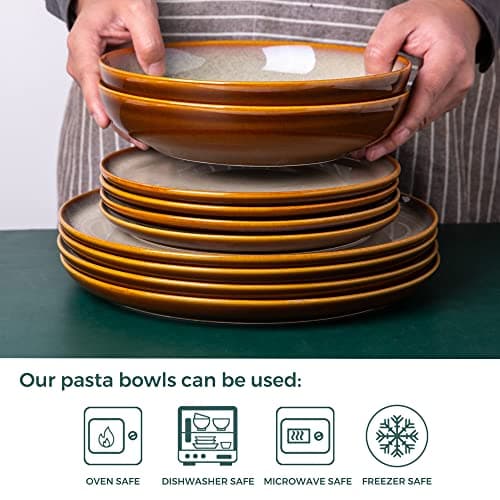 LERATIO 9.0" Reactive Glaze Ceramic Pasta Bowl Set, Microwave & Oven Safe, Wide 38oz Salad & Pasta Bowls-Khaki