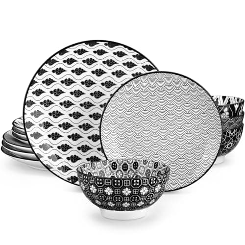 Vancasso Jasmin Hand-Painted Arabic Series Porcelain Dinnerware Set - 12 Piece Bowls and Plates — Black/White