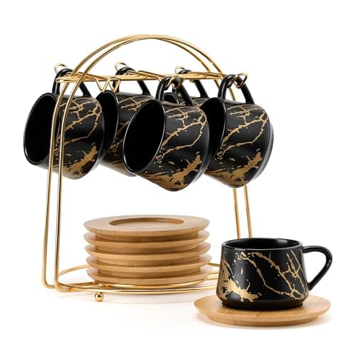 Luka Ceramic Espresso Cups Set of 6, 4 oz Marbling Black Saucers Included