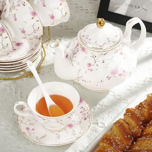 Fanquare 21-Piece Gold Floral Porcelain Tea Set for Tea Parties