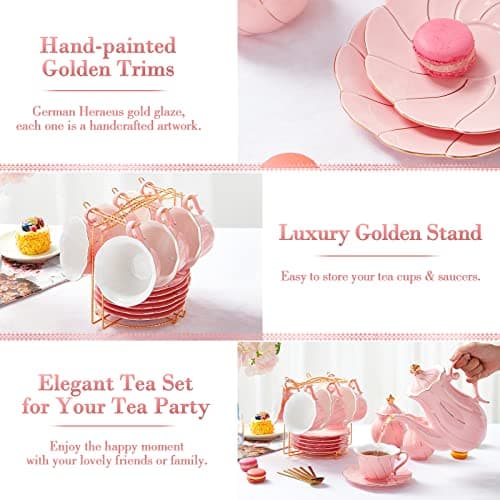 DUJUST 22 Piece Pink Luxury Tea/Coffee Set, Golden Trim, Perfect Gift for Women