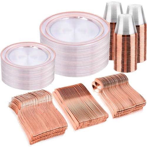 B UCLA 350PCS Gold Plastic Dinnerware Set for 50 Guests Party Supplies — Clear Rose Gold