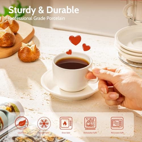 Stackable Cappuccino Cups with Saucers and Stand - Set of 4, White