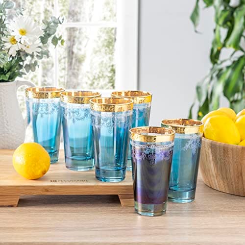 Lorren Home Trends Highball Set of 6 Blue with Gold Band
