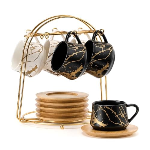 Luka Ceramic Espresso Cups Set of 6, 4 oz Marbling Black Saucers Included — 6-Marbling White & Black