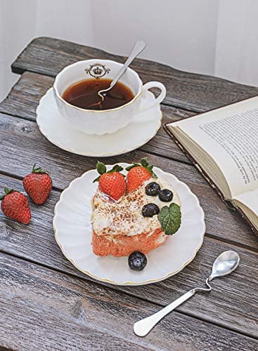 Amazingware Royal Porcelain Tea Cups & Saucers, Gold Trim, Gift Box, Set of 6 (8 oz) - White