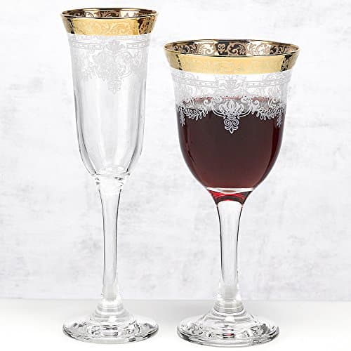 Refined and simplified title: Lorren Home Trends Red Wine Glasses Set of 6 with Stencil Pattern and Gold Band, Clear