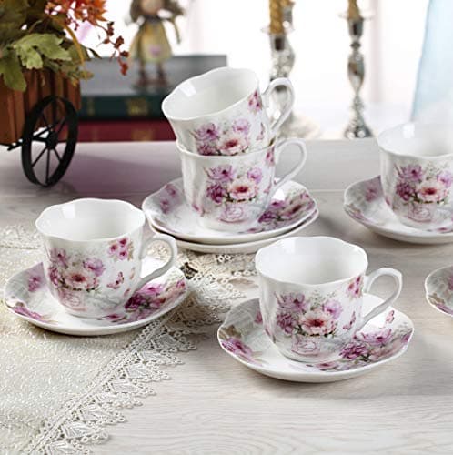 GuangYang Purple Floral Porcelain Tea Cups & Saucers Set of 6 (7oz) - Tea Gift for Adults