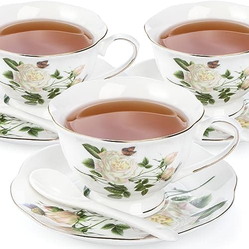 Foraineam Porcelain Ivory Tea Cup and Saucer Set, Gold Trim, 6 Pieces