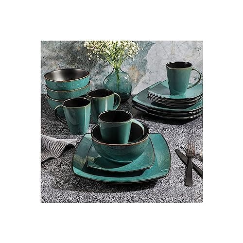Gibson Elite Soho Lounge Dinnerware Set, Soft Square, Teal, Service for 4 (16pc)