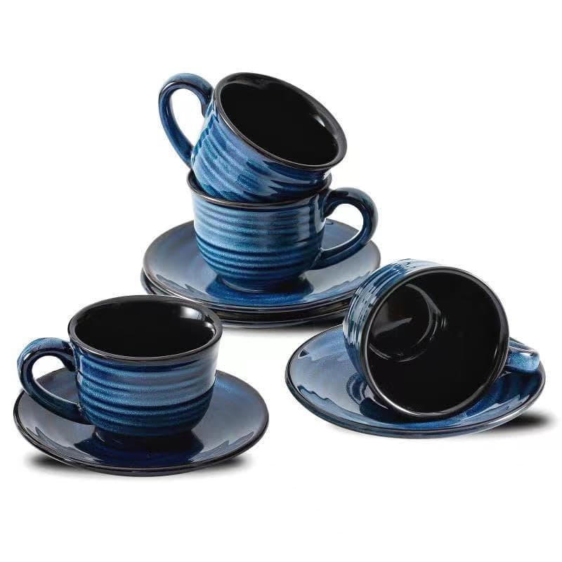 Set of 4 Navy Blue Ceramic Espresso Cups with Saucers