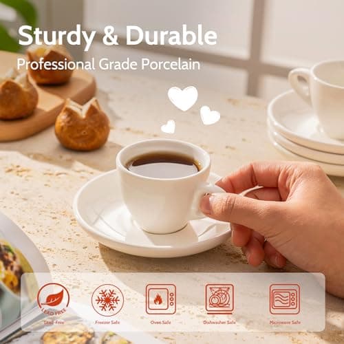 Sweese White Porcelain Espresso Cups with Saucers - Set of 6