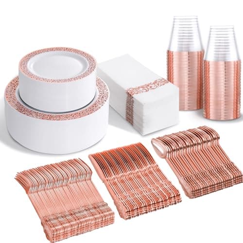 B UCLA 350PCS Gold Plastic Dinnerware Set for 50 Guests Party Supplies — Rose Gold - Lace Design