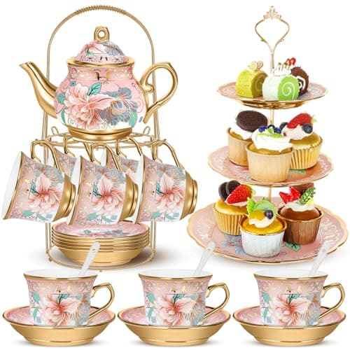 21pcs Green Porcelain Teapot Set Cupcake Stand Ceramic Tea Cups Saucers for Women Tea Parties Gifts — Pink