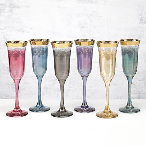 Multicolor Flutes Set of 6 with Gold Band for Home Entertaining